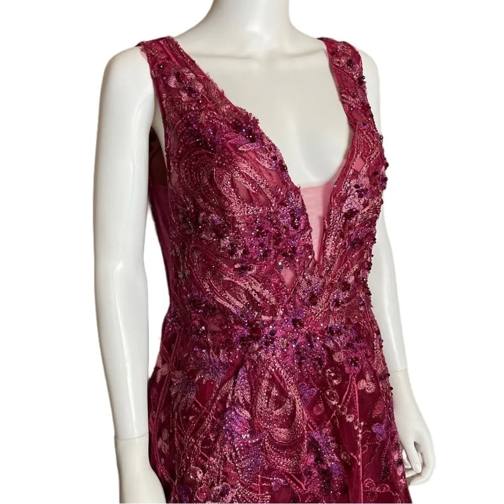 Ieena for Mac Duggal Embroidered Sleeveless Plunge Neck A-Line Gown Berry Sz 12 - Image 4