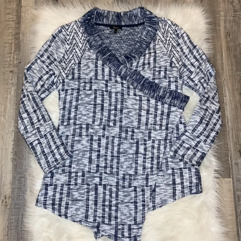 Cupio wrap open cardigan stretch waterfall draped navy white L - Image 8