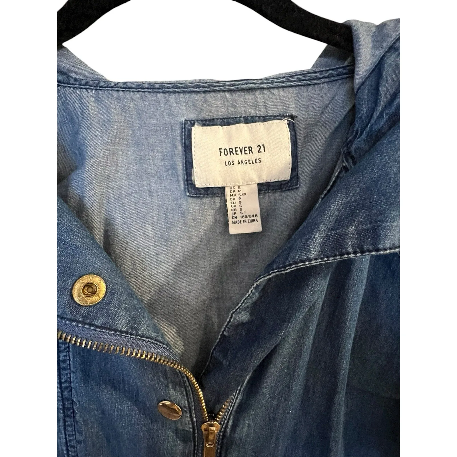 Forever 21 Jacket Light‎ Denim Chambray Drawstring Jean Small Blue Hooded Coat - Image 4