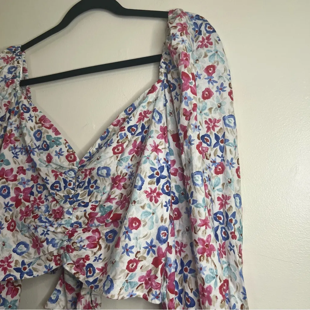 Zara Floral Puff Sleeve Crop Top L‎ Linen Viscose Tie Back NWT - Image 3