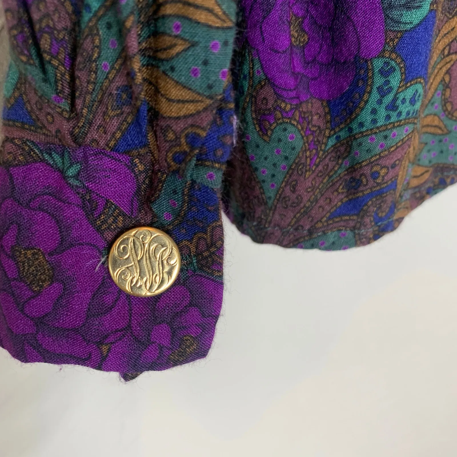Vintage Dark Floral Brown Purple Blue Blouse Gold Buttons Sz Medium - Image 7