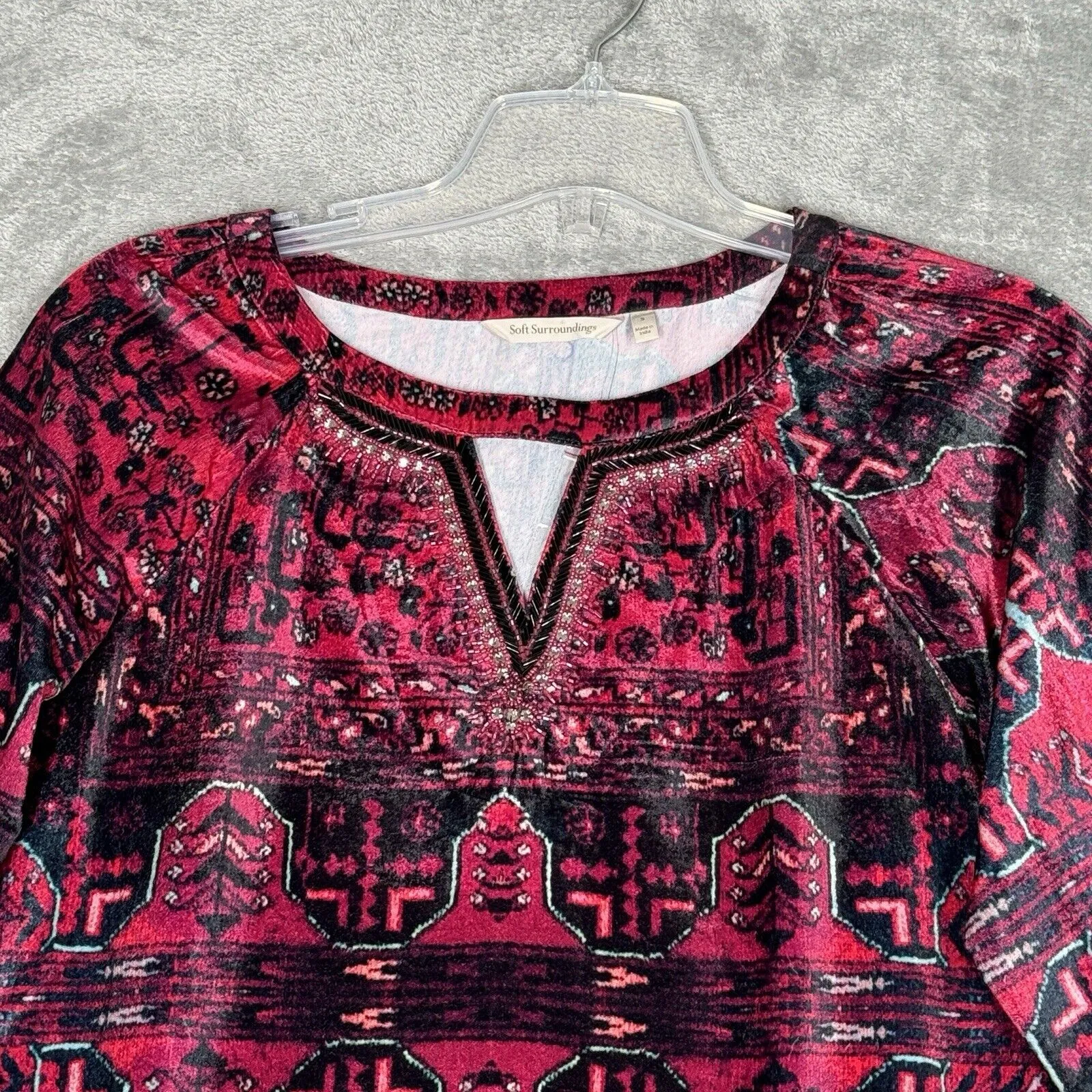 Soft Surroundings Shirt‎ Women Small Red Black Geometric Ottoman Velvet Bohemian - Image 4