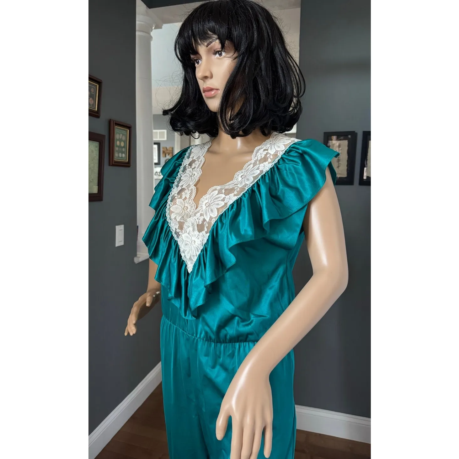 Vintage 70s Lady Cameo Dallas teal lace Ruffle Disco jumpsuit USA Made medium - Image 14