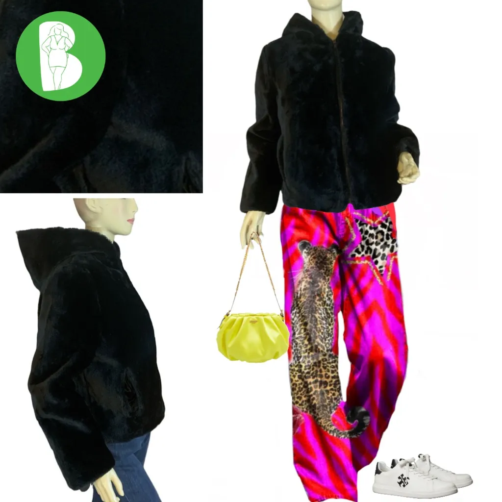 VINTAGE CIRCA 1980'S GLENOIT BLACK FAUX FUR HOODED SHORT COAT (10) - Image 2