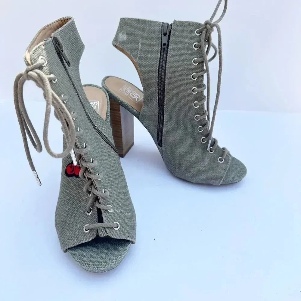 SPEED LIMIT 98 Green Denim Cherry Rainbow Patch Lace Up Heeled Booties - Image 6