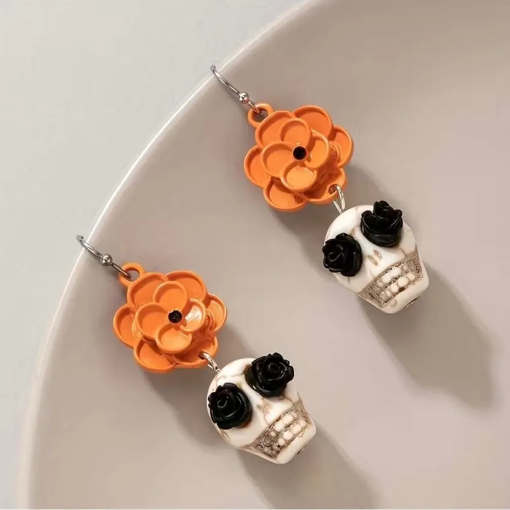 Skull Orange Flower Black Rose Eyes Drop Dangle Earrings Faux Fashion‎ Jewelry - Image 2