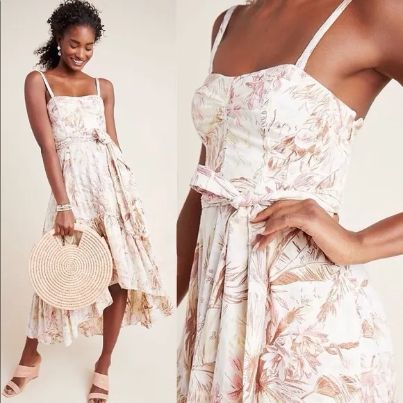 Anthropologie Adriana Floral High Low Flounced Midi Dress Size 16 💚🍄 - Image 2