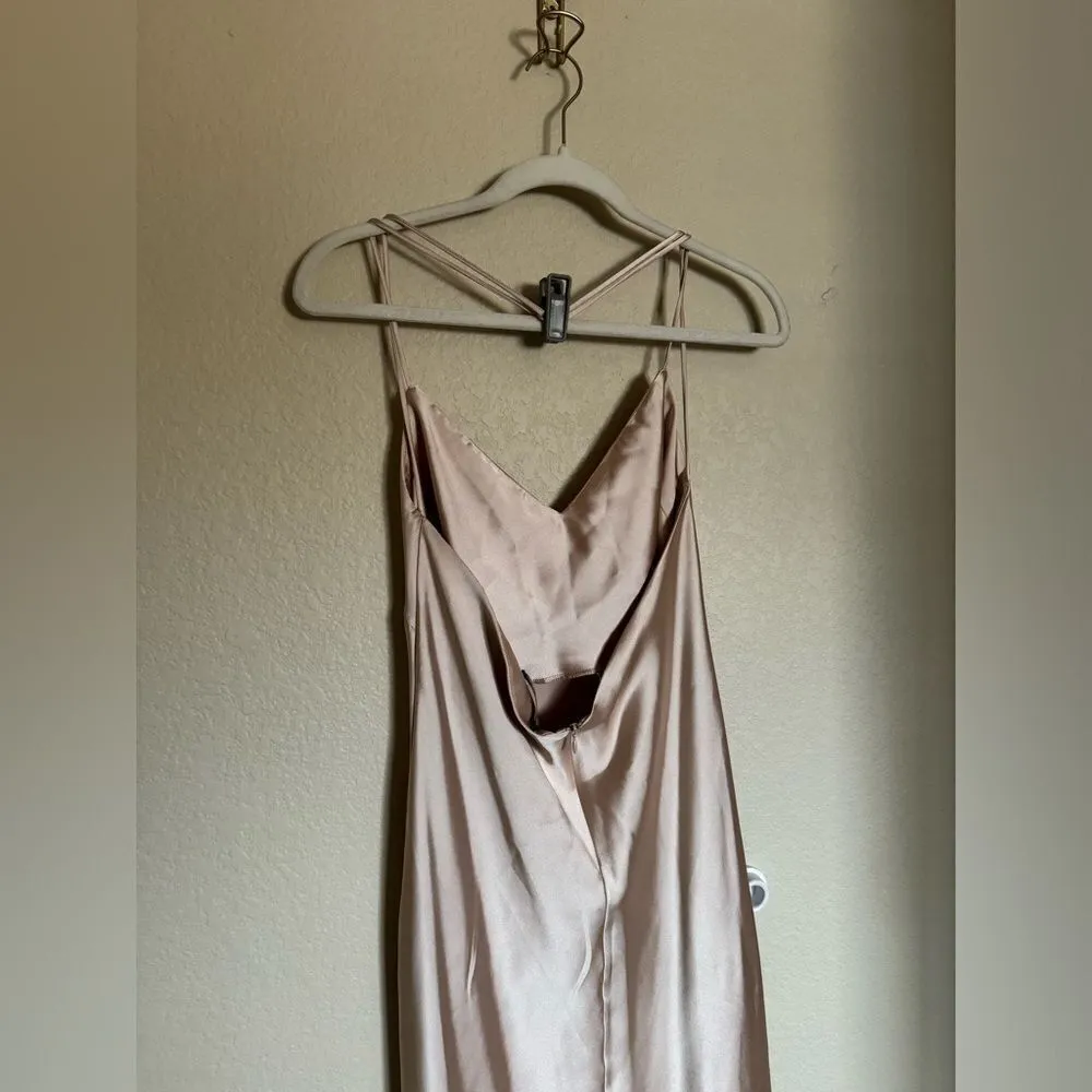 ZARA Satin Maxi Slip Dress Sz L Champagne‎ Gold Double Strap NEW with FLAW - Image 6