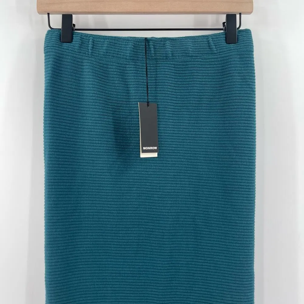 MONROW Skirt Midi Size Small Ribbed Teal Textured Back Slit Stretch NWT Casual - Image 9