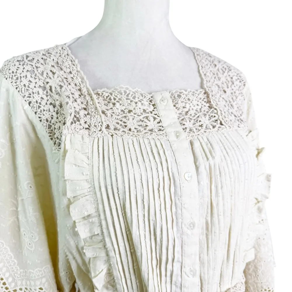 NWT Anthropologie Love Sam Boho Cotton Lace Peplum Full Sleeve Top Ecru Size S - Image 5