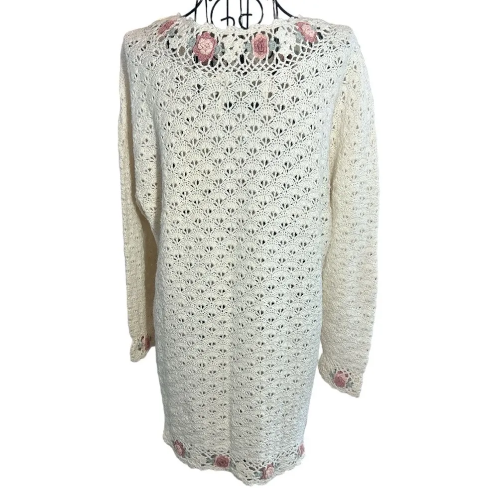 Vintage B. Moss Knitted by Hand Open Knit Floral Tunic Sweater Size Medium White - Image 6