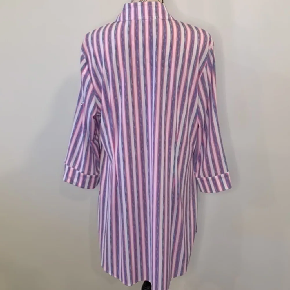 Nygard stretch striped button front tunic top roll tab sleeves size large - Image 3