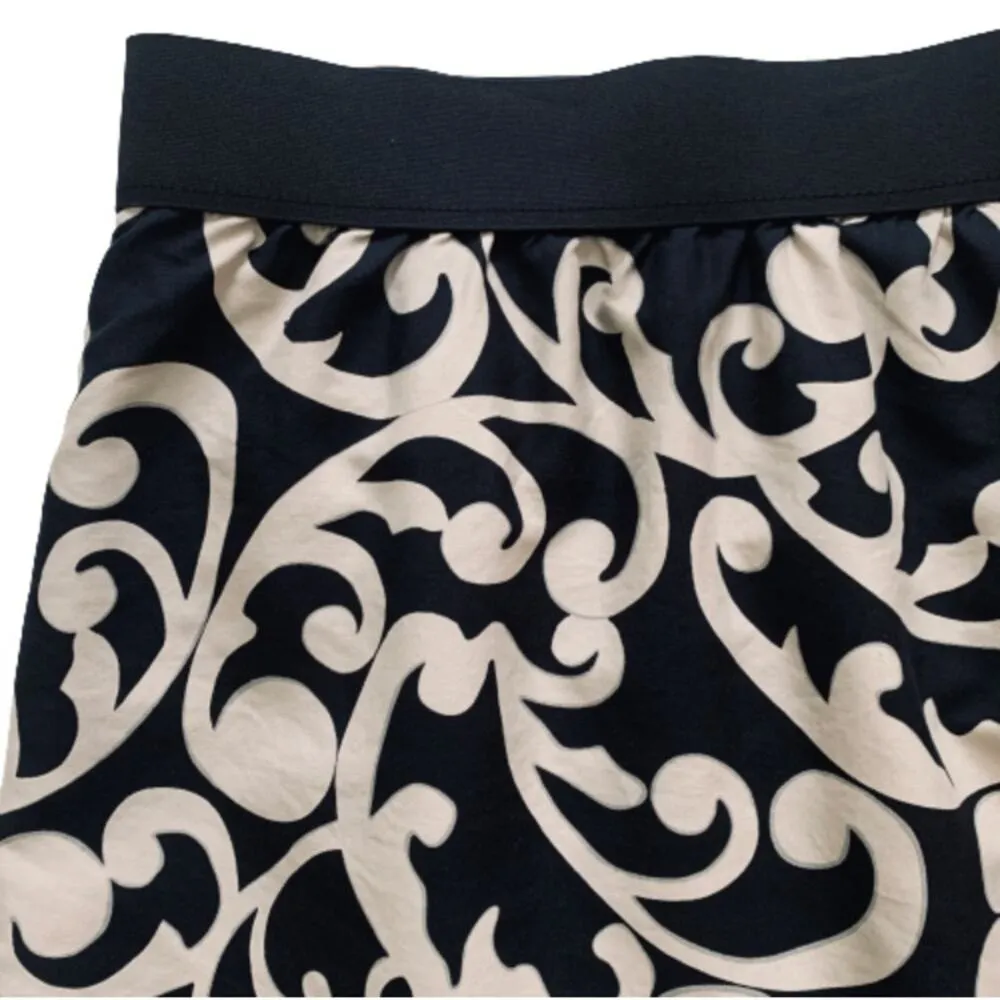 Loft Pencil Skirt Black Tan Scroll Print Elastic Waist Cotton Silk Blend Size 6 - Image 3