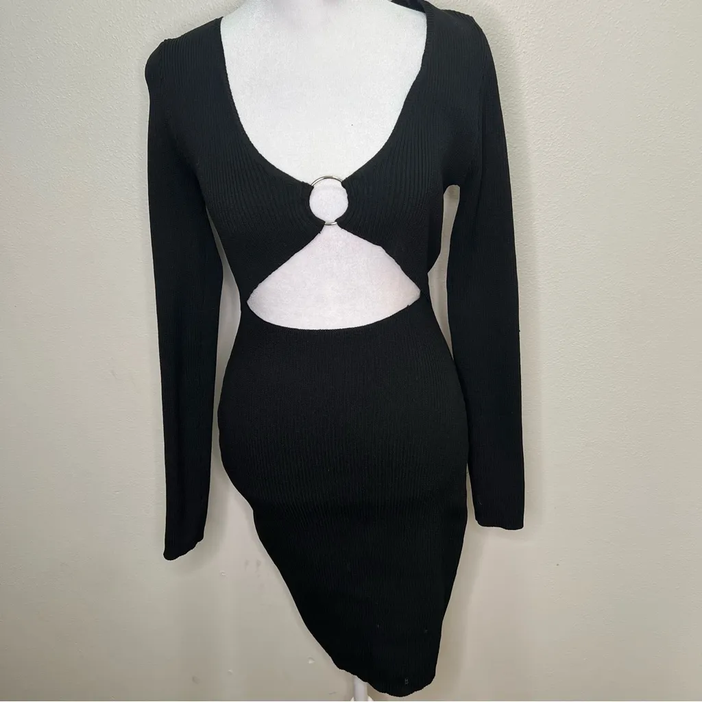 Pretty little thing black ribbed knitted long sleeve Cut-Out Dress size M - Image 3