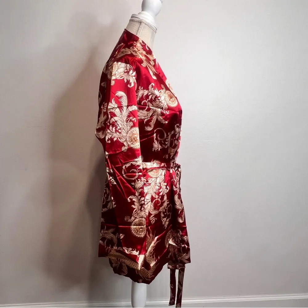 Escalier Satin Wine and Gold Short Tie Kimono Robe Size XL SKU#C24350 Red - Image 4