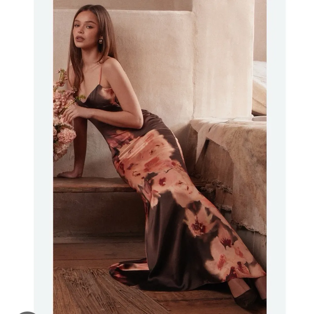 House of CB Mariamma Dark Brown Floral Printed Satin Maxi Dress - Image 2