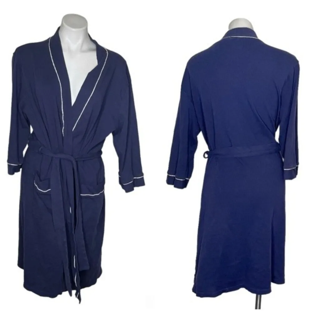 ROBE Blue Cotton Self Tie Belt Closure White Piping Patch Pockets Size XL 12-16 - Image 11