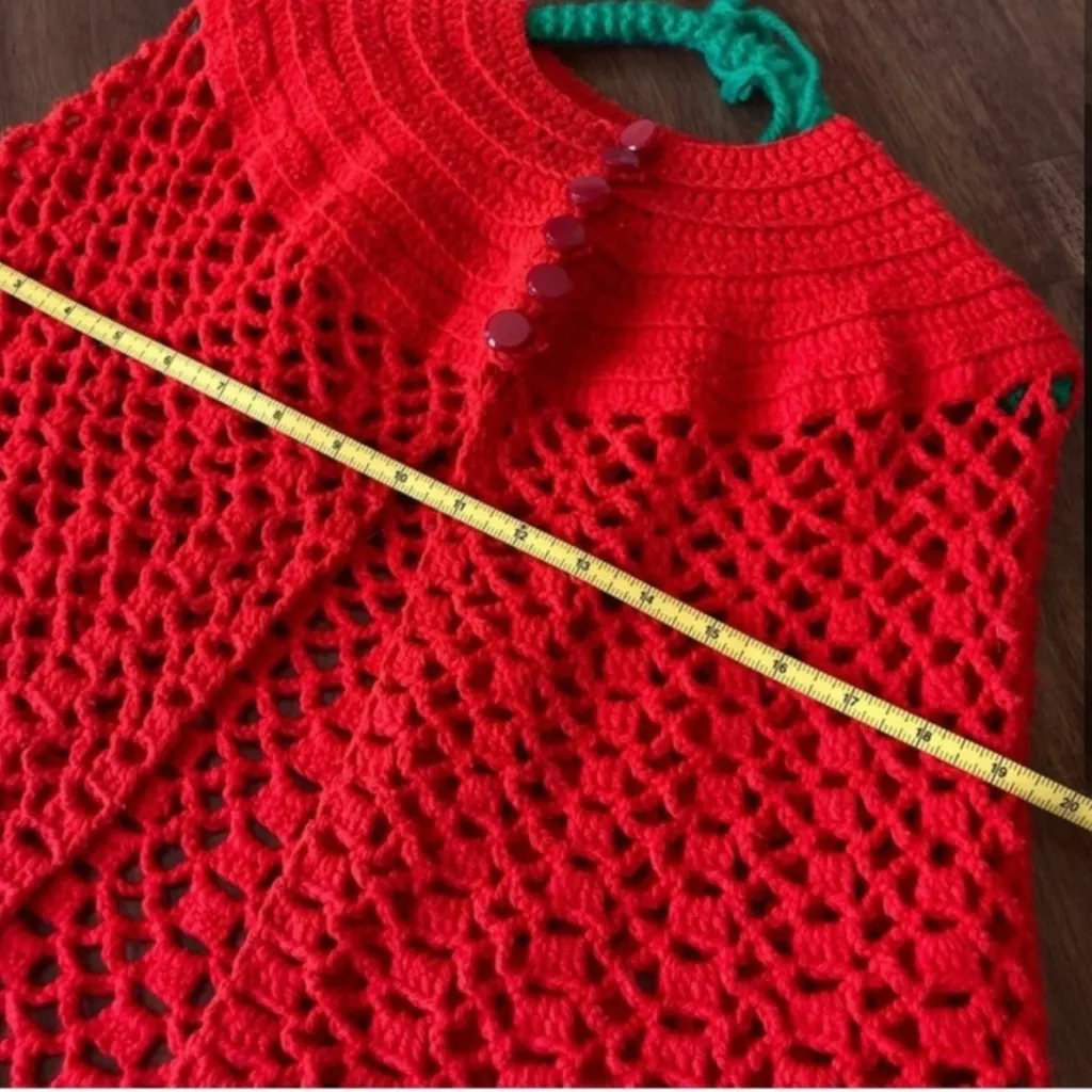 Handmade Knit Poncho Gorgeous Holiday Red - Image 3