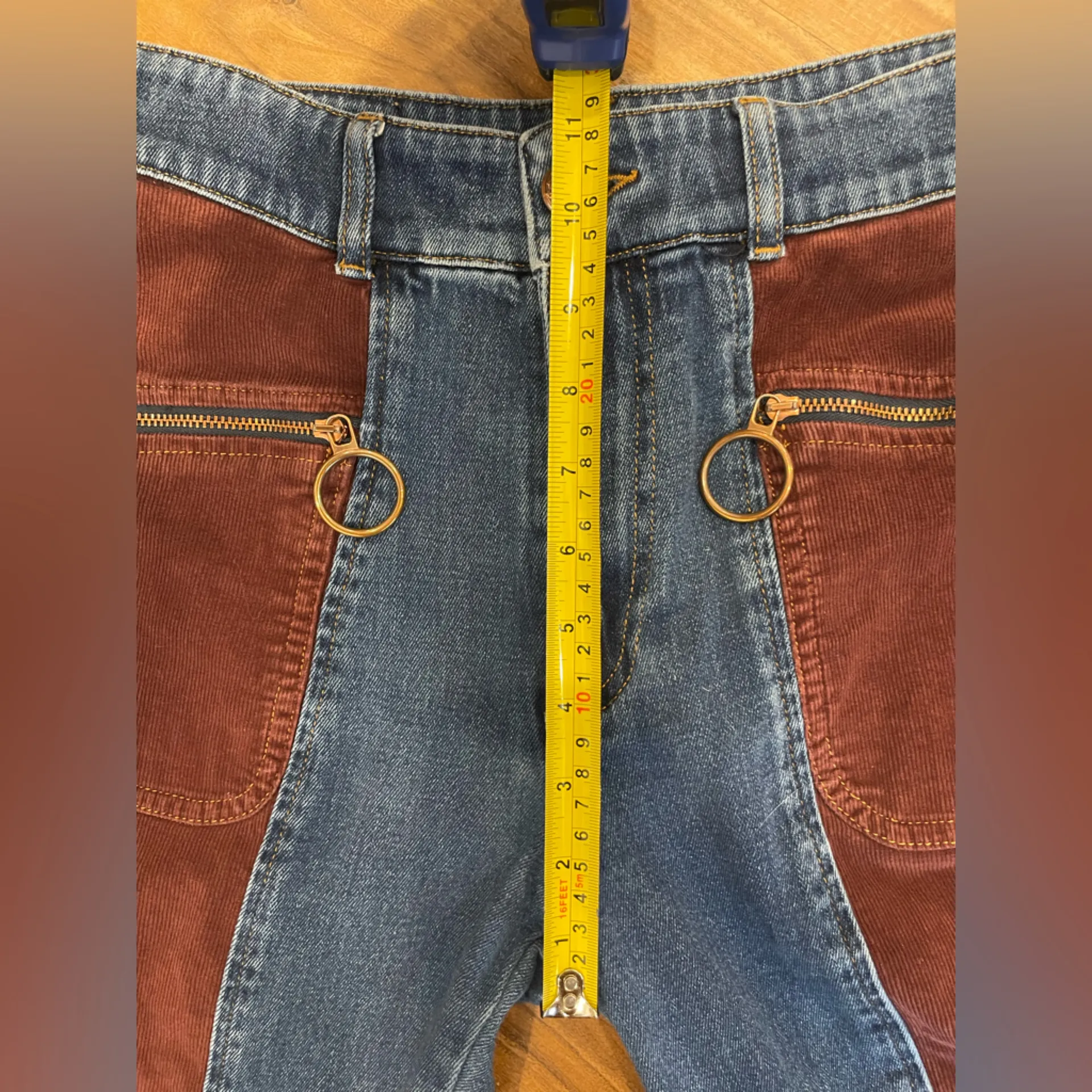 See By Chloe Blue Denim and Brown Corduroy Two-Tone Retro Flare Jeans - Image 9