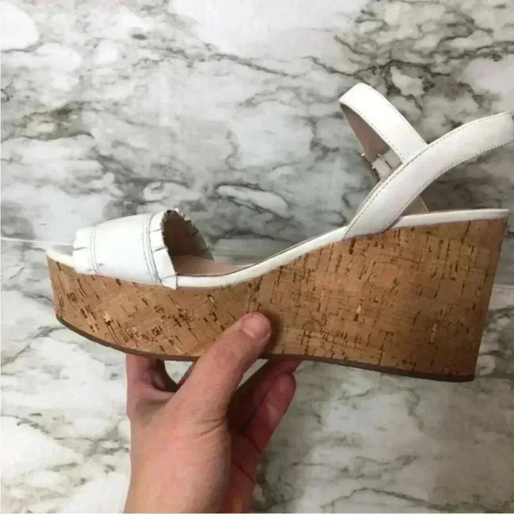 Kate Spade White‎ Ruffled Leather Tomas Cork Platform Wedge - Image 10