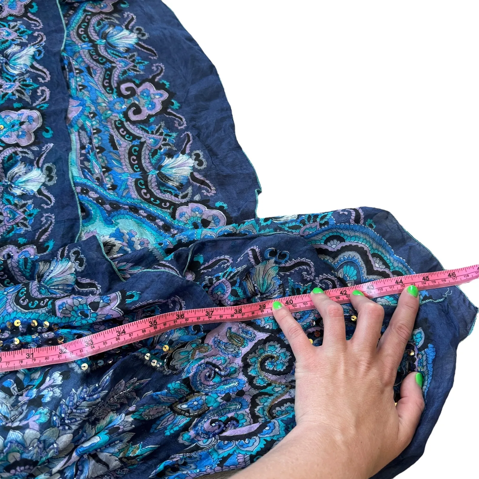 Le Chateau Vintage Silk Beaded Sequin Handkerchief Fairy Midi Dress Blue Size M - Image 11