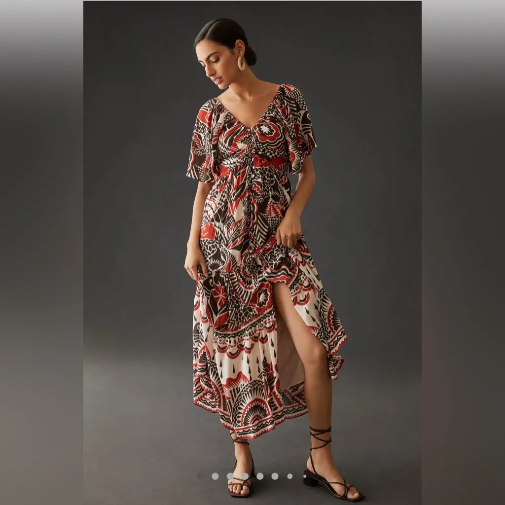 By Anthropologie XL Tiered Maxi Dress Red Pattern Short Sleeve V-Neck‎ Buttons - Image 15