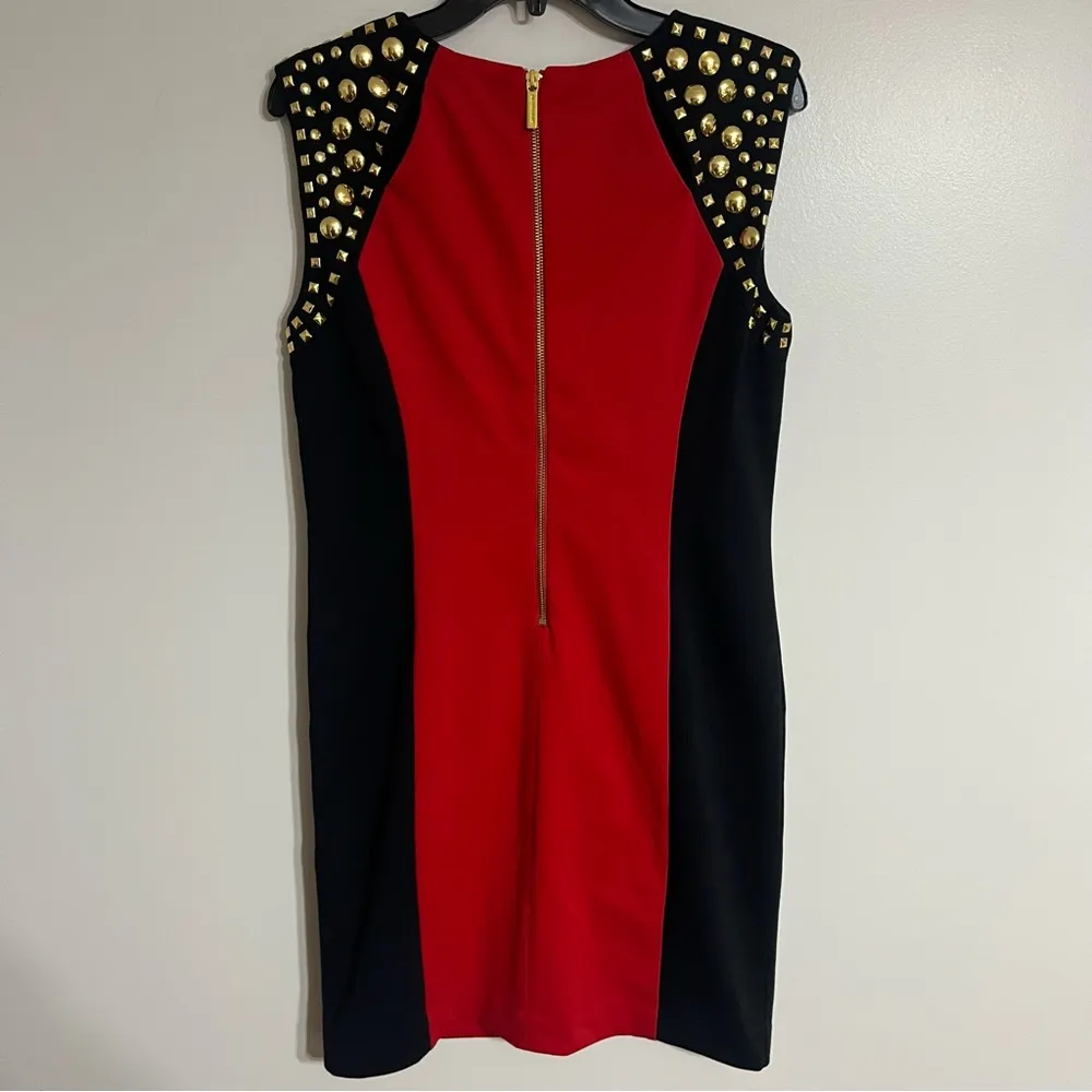NWT‎ Michael Kors Red/Black Colorblock Gold Studded Lined Sheath Dress Size 8 - Image 12
