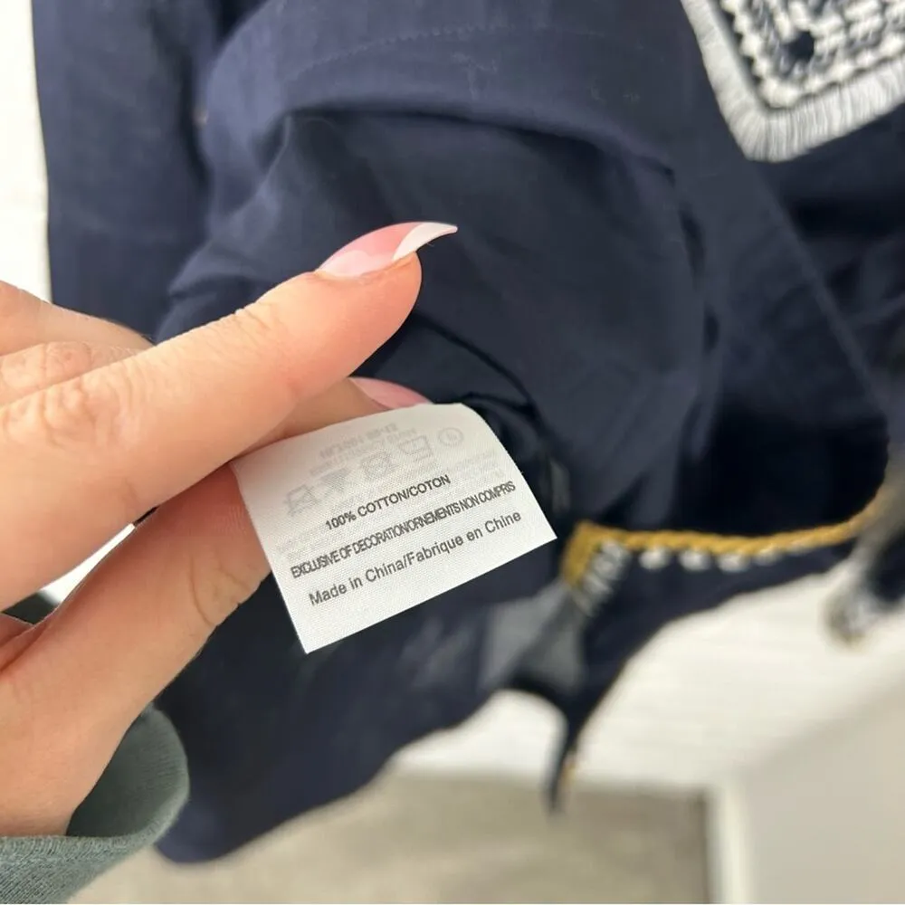 Tory Burch Navy Embroidered Fringe Detail 100% Cotton Tunic Size 8 - Image 12