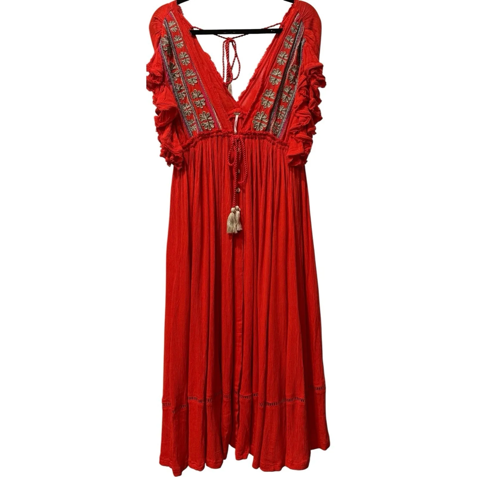 FREE PEOPLE‎ Red Orange BALI WILL WAIT FOR YOU EMBROIDERED MIDI Boho DRESS Sz XS - Image 4