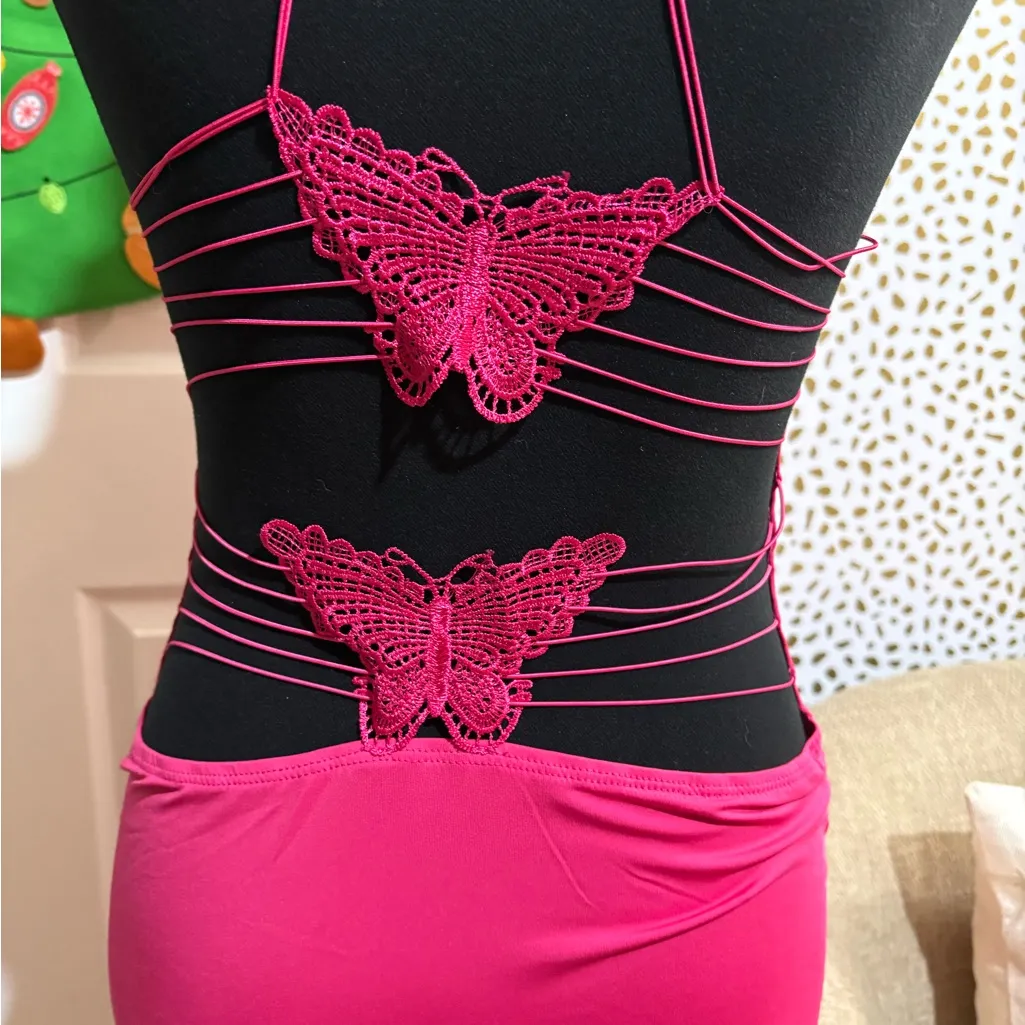 Pink Butterfly Backless Maxi Dress Size M - Image 5
