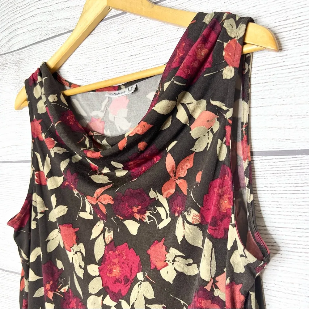Croft & Barrow Red & !Brown Fall Floral Cowl Neck Sleeveless Blouse Top Size XL - Image 4