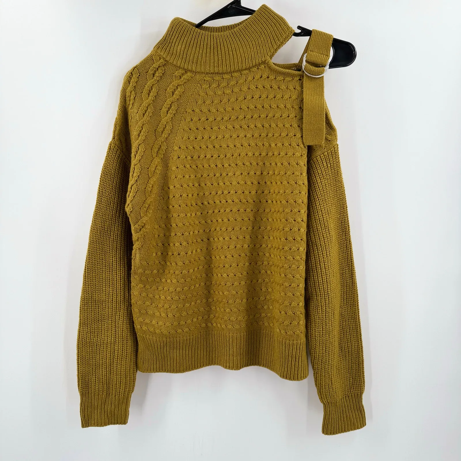 DKNY Sweater Size Extra Small Cold Shoulder Buckle Belt Chartreuse Knit Fall - Image 15