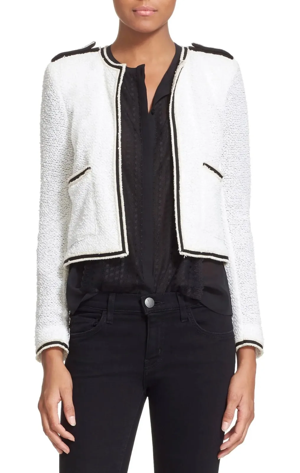 The Kooples Women's White Boucle Knit Open Front Crop Blazer Coat Jacket Size XS - Image 1