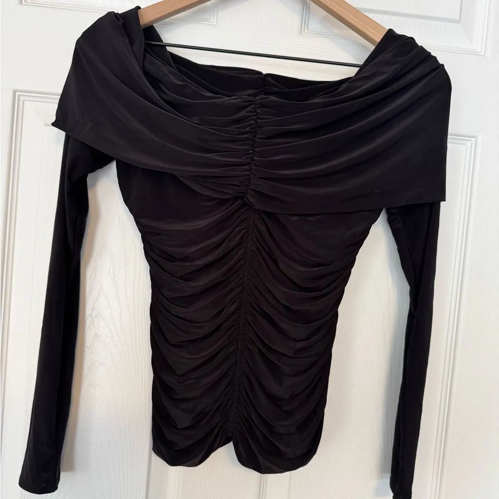 Naked Wardrobe Shoulderless Ruched Black Long Sleeve Top Date Night NWT - Image 2