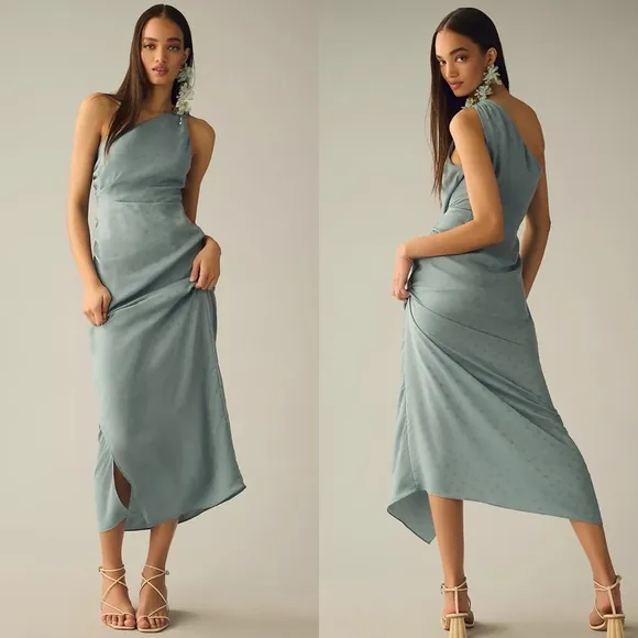 Favorite Daughter One Shoulder Midi Dress Slate Blue Polka Dot Ruched Buckle 4 - Image 2