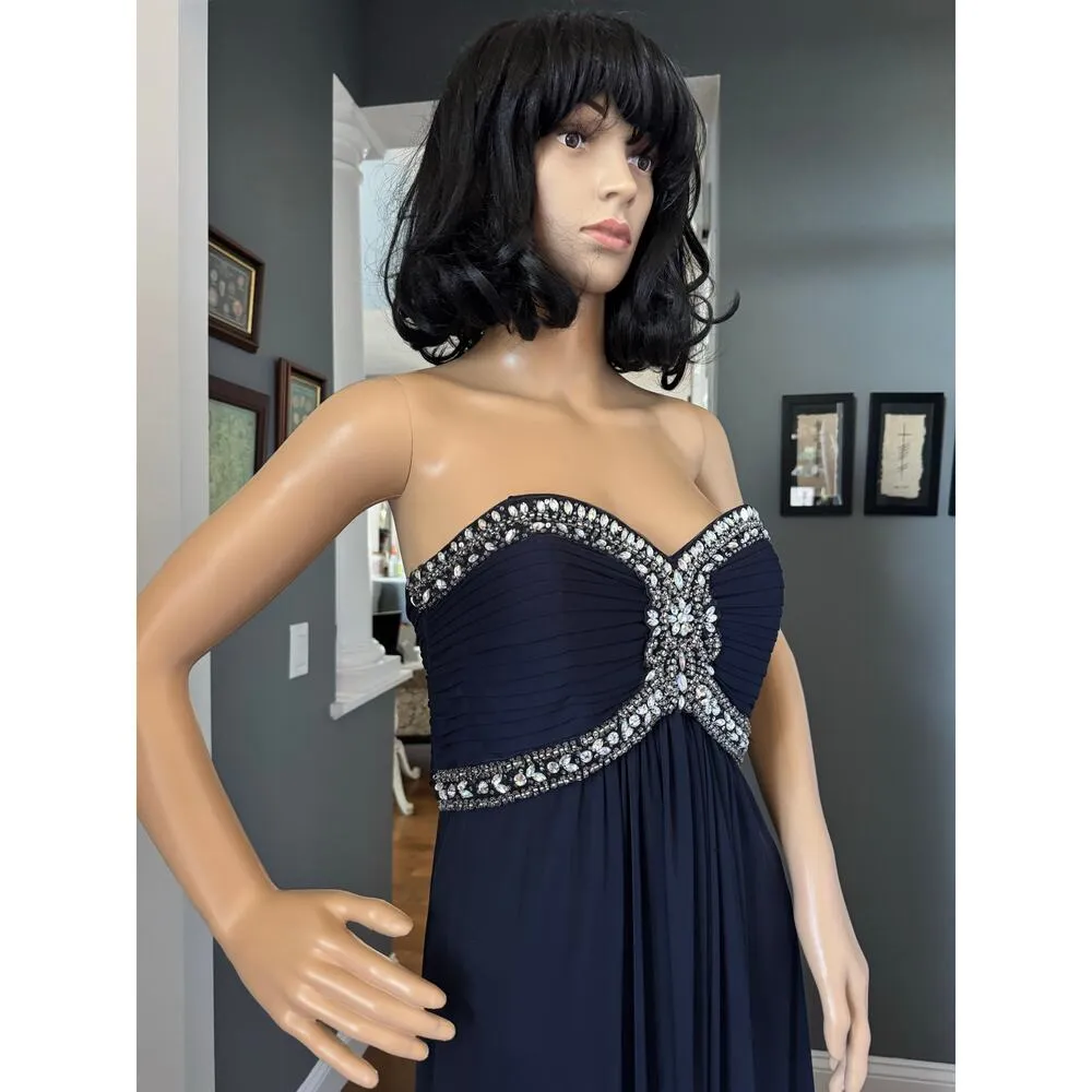 XSCAPE Navy Chiffon Jeweled Bodice Empire A-Line strapless Evening Gown 8 - Image 16