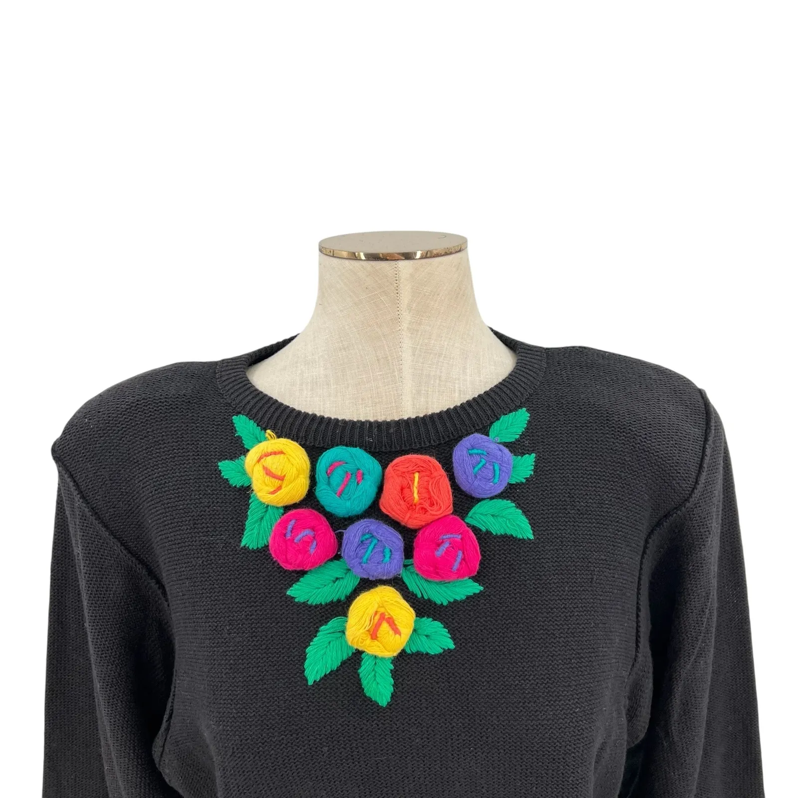 Bonnie Boerer Vintage Sweater Puff Sleeve Flower Applique Knit Size Medium Black - Image 2