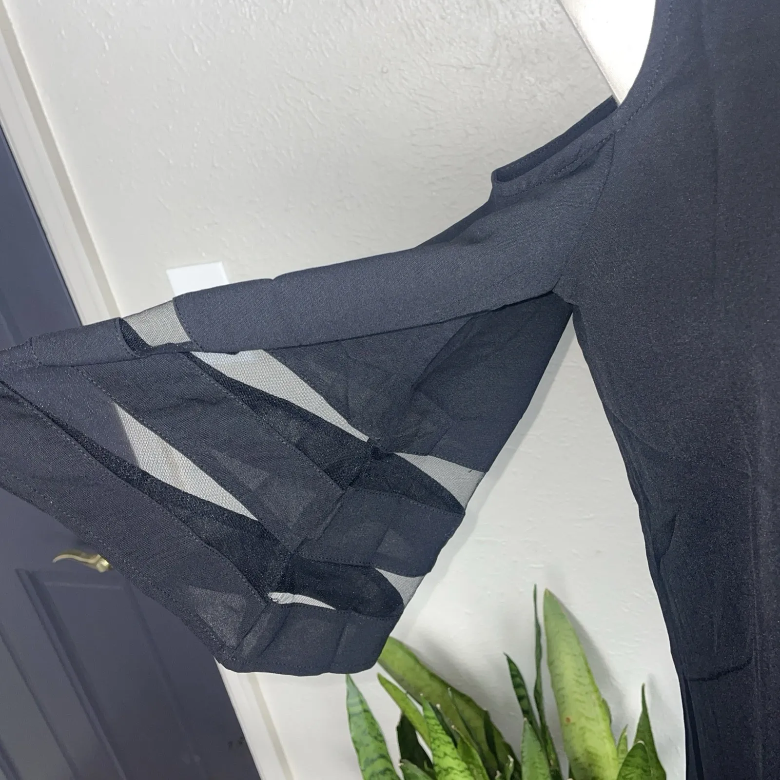 Black Cold Shoulder Top Women's Small Sheer Mesh Bell Sleeves Dress Black - Image 3