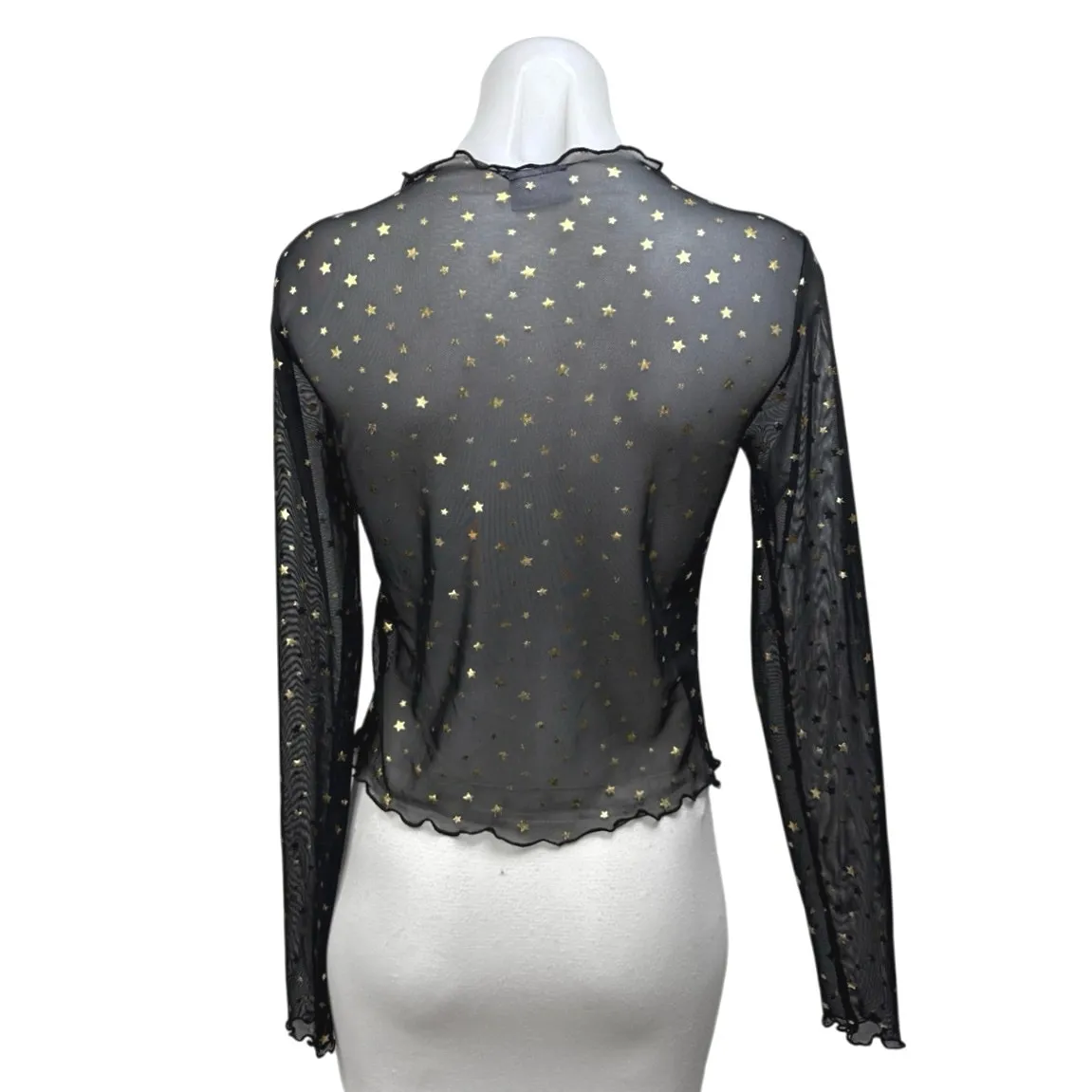 Noisy May Women's Black Gold Star Foil High Neck Long Sleeve Sheer Crop Top XS - Image 2