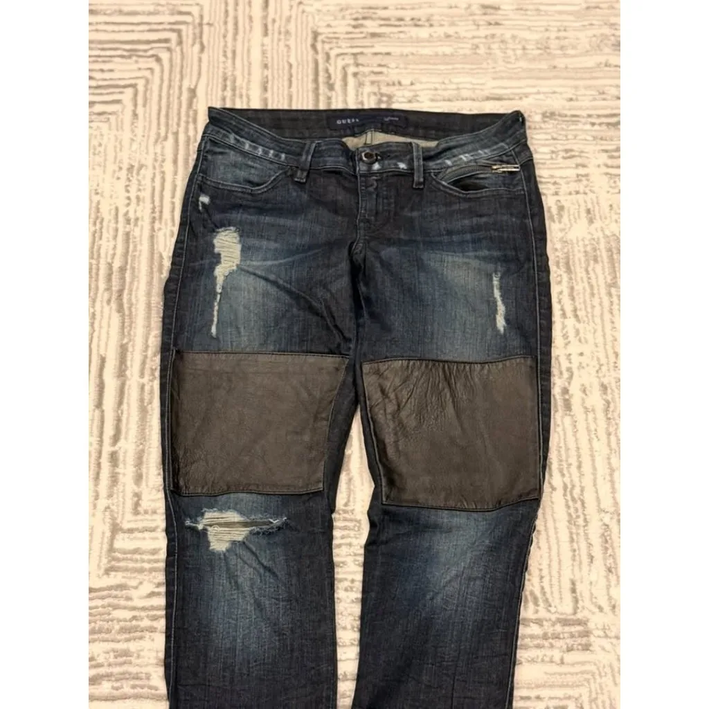 GUESS women's 27" waist blue denim skinny jeans with black leather ankle zippers - Image 4