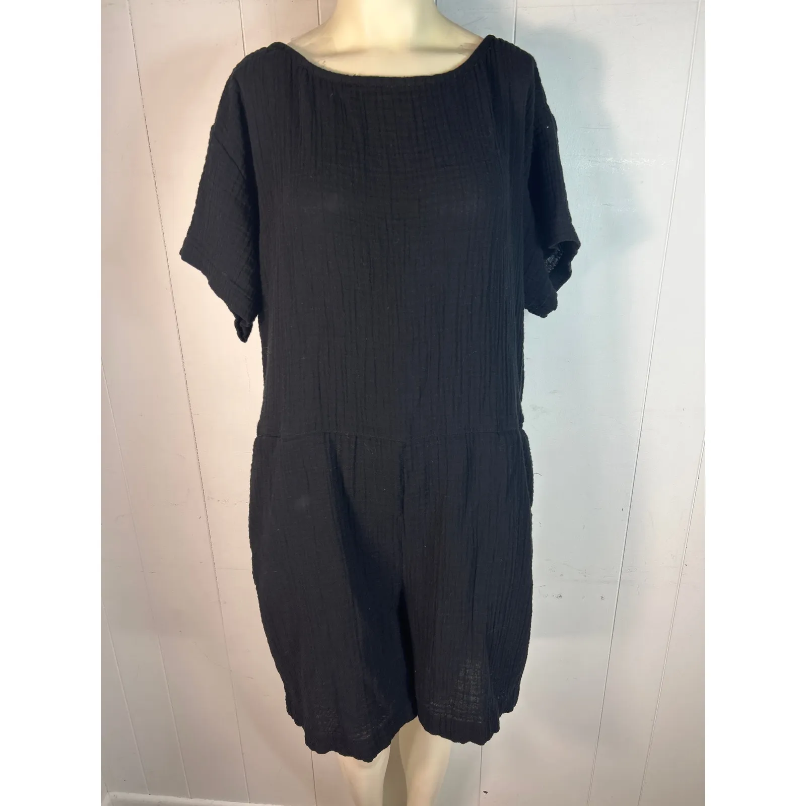 Eileen Fisher Organic Cotton Lofty Gauze Romper In Black. Size XL - Image 4