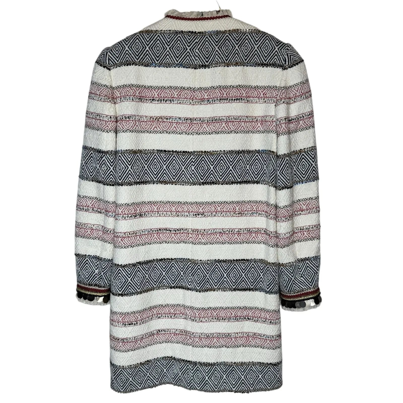 Zara Tweed Sequin Beaded Fringe Long Open Jacket Blazer Coat - Image 4