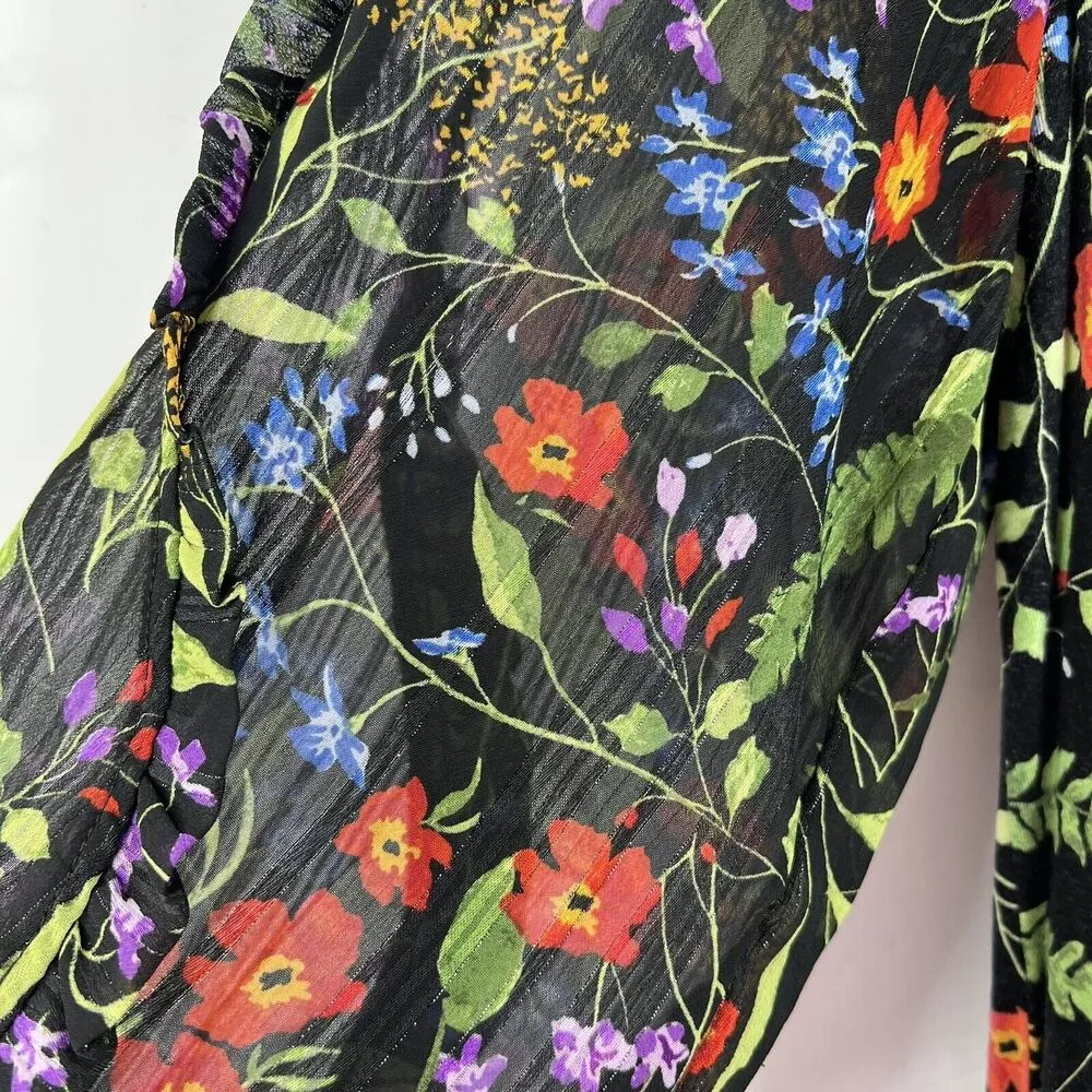 Anthropologie Maeve XS Jacquin Peasant Blouse Black Floral Ruffle Sheer Sleeve - Image 5