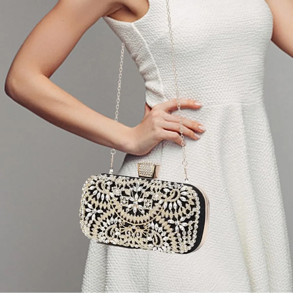 BLACK AND GOLD CRYSTAL DIAMOND EVENING CLUTCH BAG - Image 4