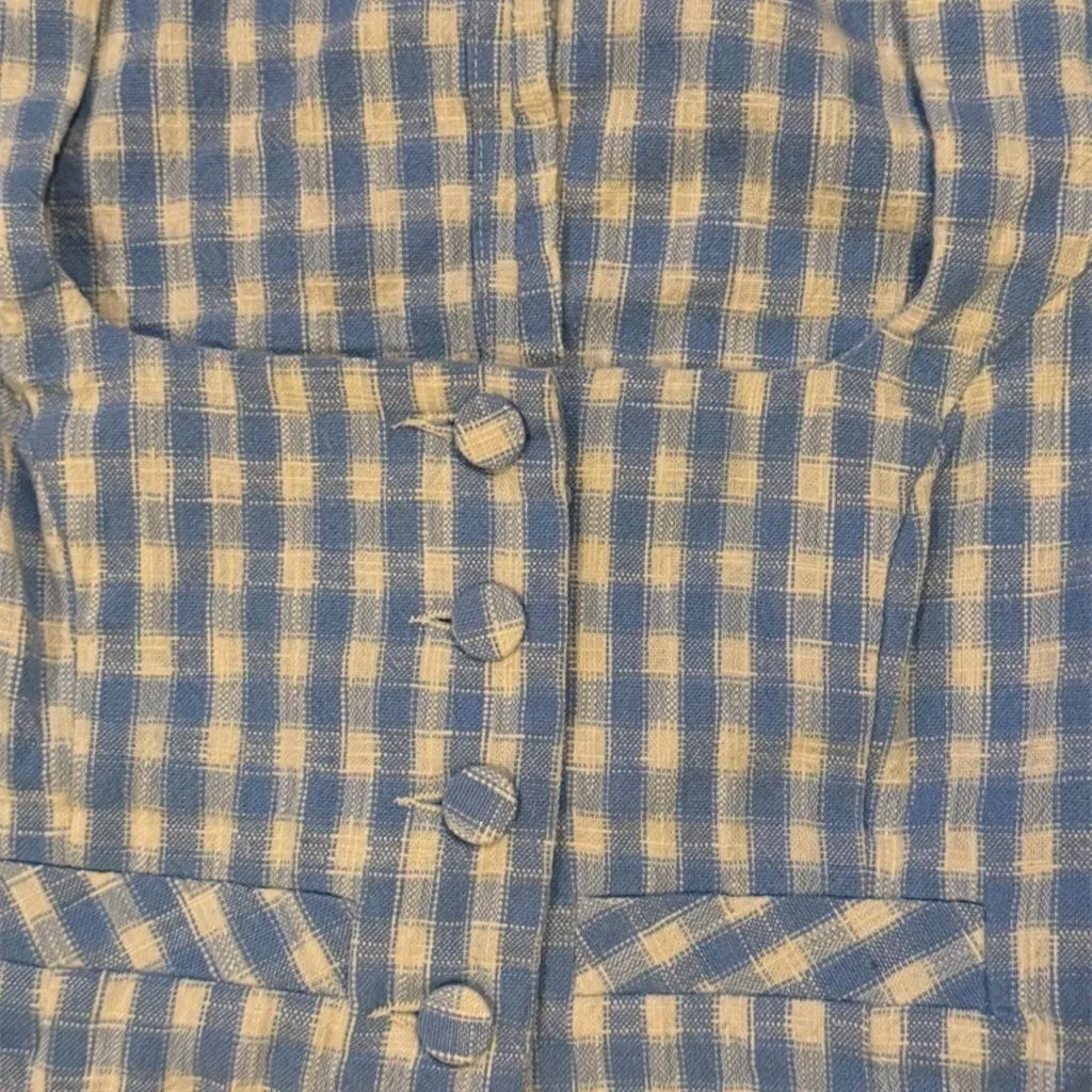 Zara Women's XS Blue Gingham Check Cropped Blouse Short Sleeve - Image 2