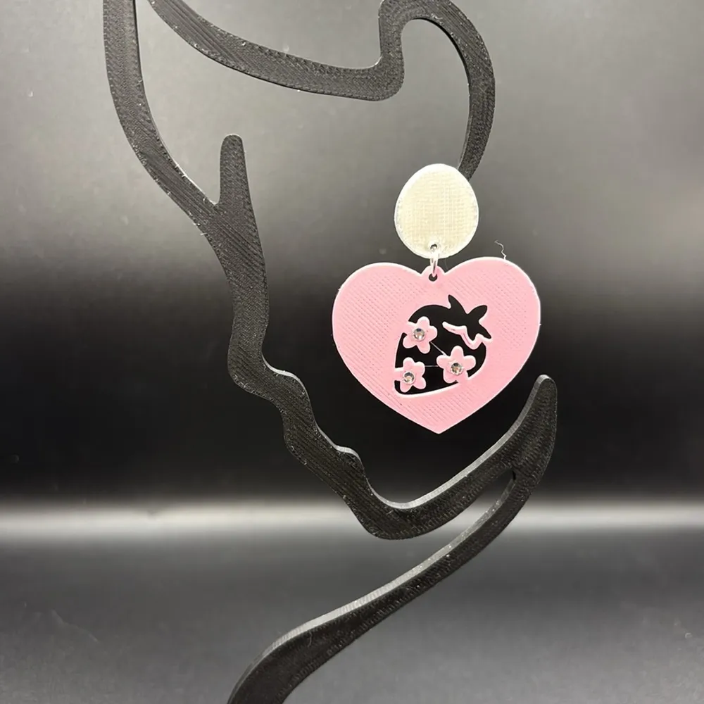 Pink Heart Rhinestone Strawberry Earrings - Image 3