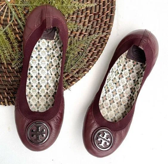 Tory Burch Womens Shoes Flats Caroline Burgundy Purple Leather 7.5 - Image 2