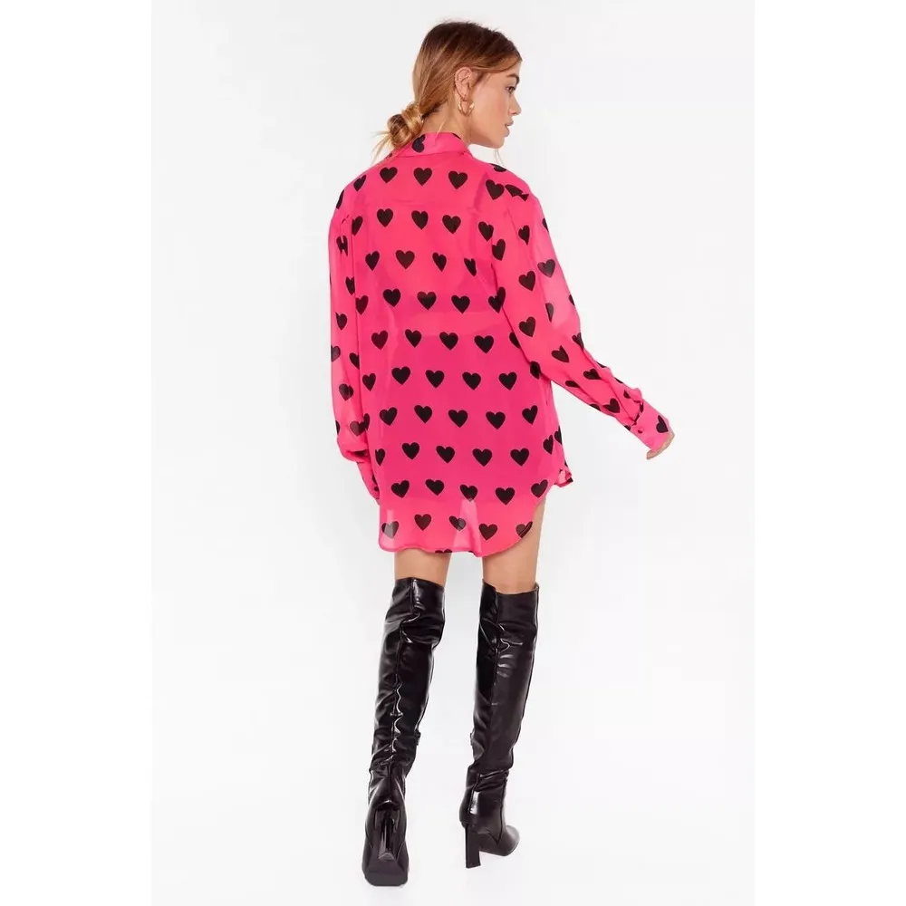 Chiffon Heart Print Button Down Shirt US 2 Women’s Pink Black - Image 5