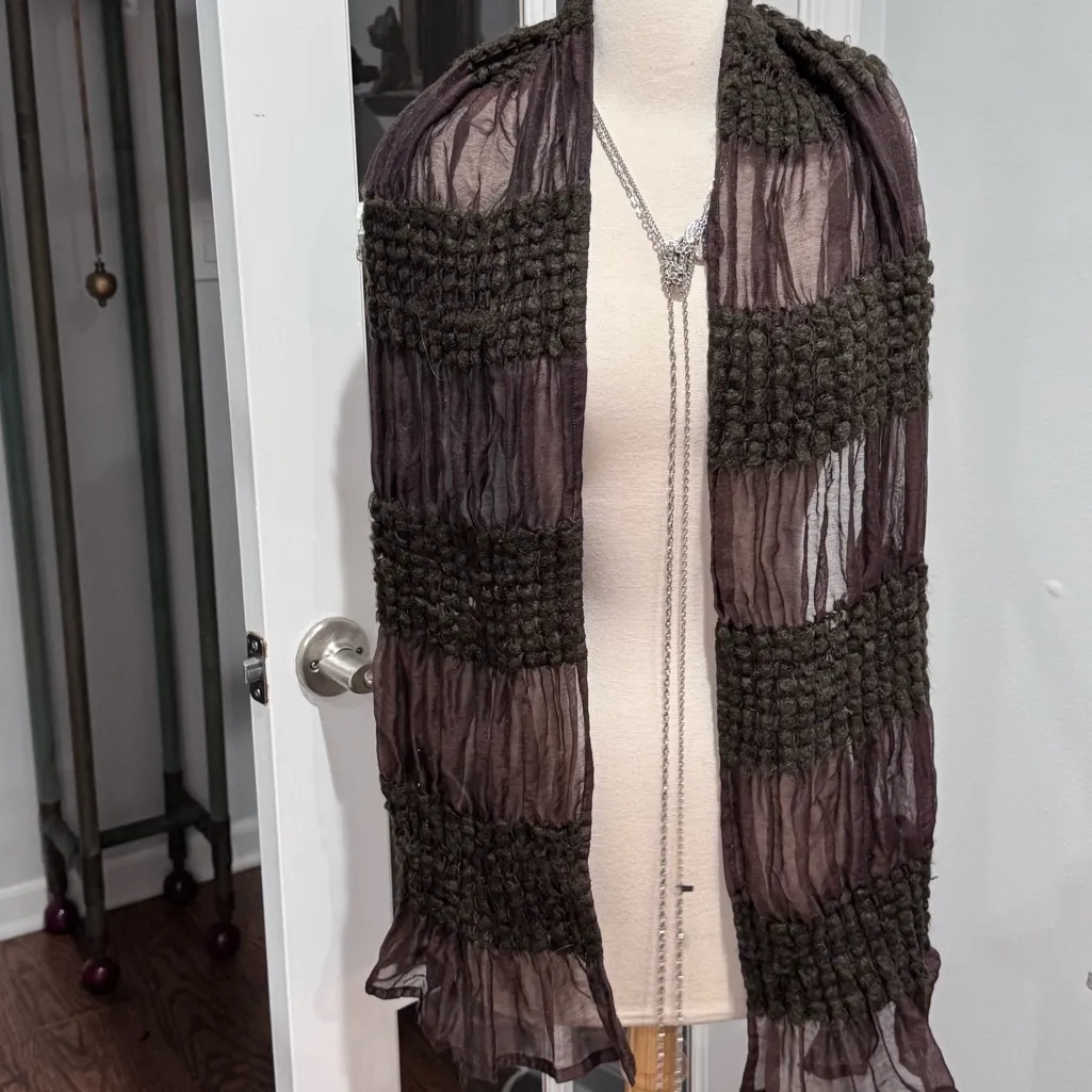 Dark Brown Ruched Scarf with Textured Sections Black - Image 3