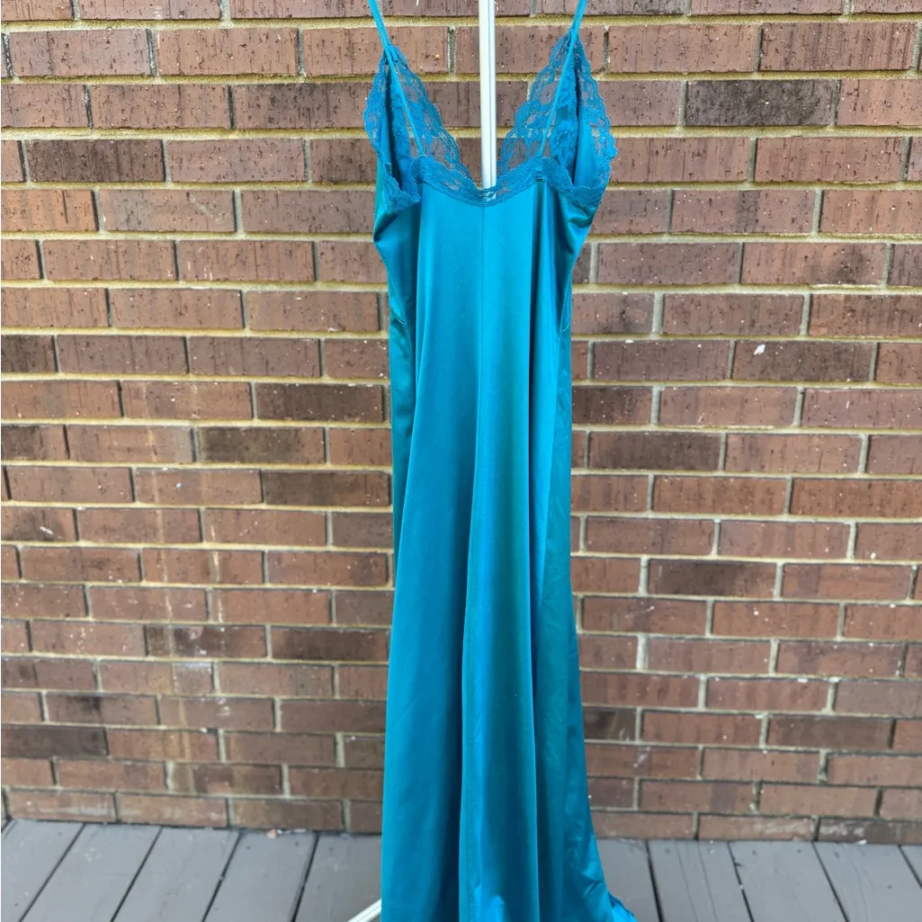 Vtg Val Mode Lingerie Slip Dress Nightgown Small Teal Blue Shiny Nylon Lace Long - Image 8